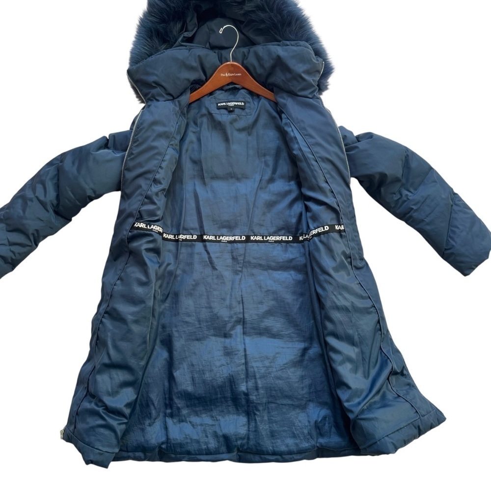 Karl Lagerfeld Faux Fur Collar Navy Blue Puffer Coat - Picture 7 of 12